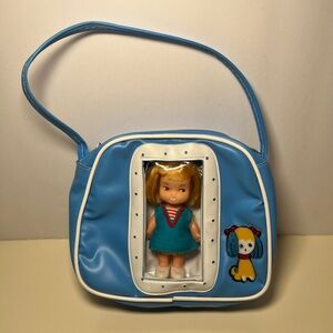 Vintage Blue Pocketbook Doll Blonde Hair Purse broken strap Hong Kong Antique